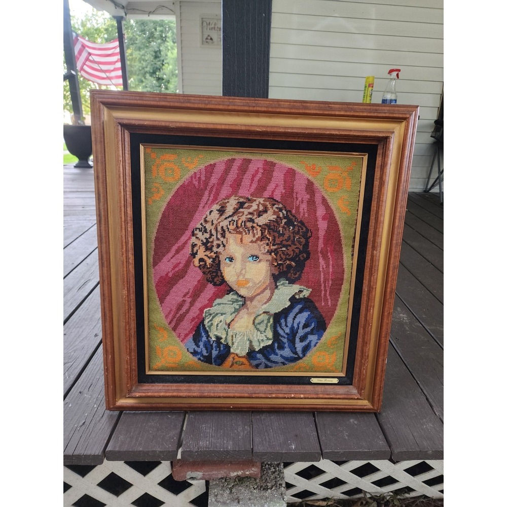 Vintage Antique RARE Framed Needlepoint Tapestry French Blue Eyed Child Large